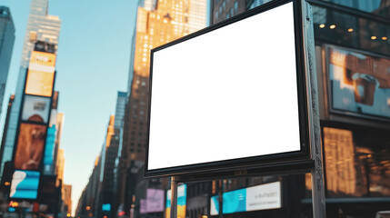 Fototapeta premium Empty billboard stands in urban cityscape under blue sky