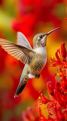 Fototapeta premium Hummingbird in flight, hovering near vibrant red flowers
