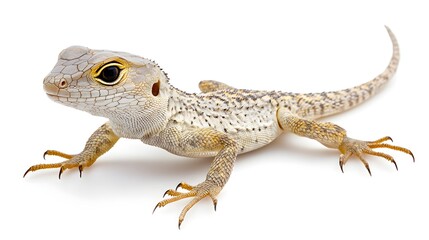 Naklejka premium Close up of a small light colored lizard with speckled skin and sharp claws isolated on white