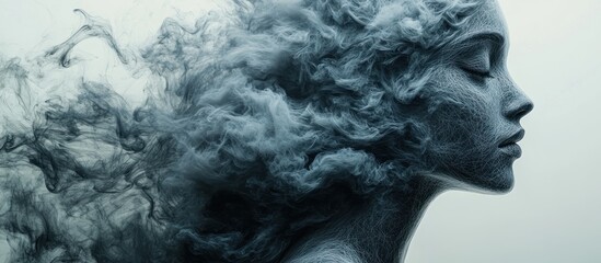 Woman with smoky hair, serene expression, ethereal background, beauty concept