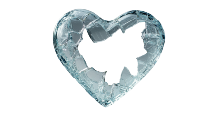 Broken heart made of shattered glass on transparent background