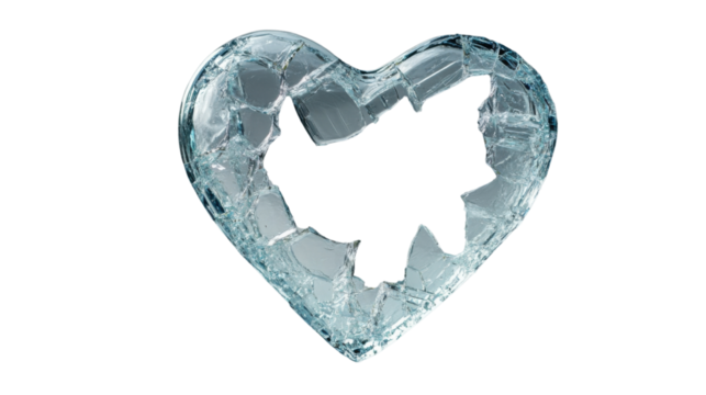 Broken heart made of shattered glass on transparent background