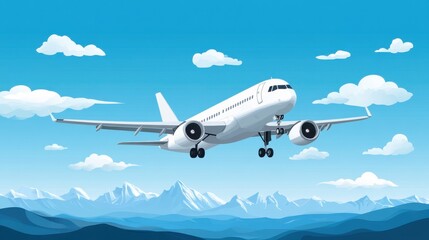 Fototapeta premium Airplane Gliding Above Majestic Mountains with Clear Blue Sky and Fluffy Clouds in Background – Vector Illustration