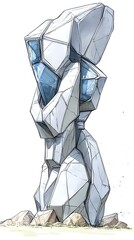 Abstract Stone Sculpture Structure with Fragmented Facades and Translucent Insets Visual Art