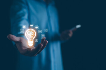 Business technology solution, digital network concept, man with light bulb infographic diagram of new ideas, information technology icons. data connection, business communication process