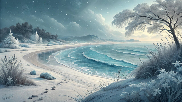 A serene winter beach scene, snow dusting the shore and frost clinging to trees, under a twilight sky with gentle waves lapping the sand.
