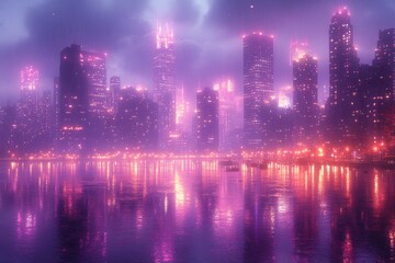 Misty night city skyline reflected in water