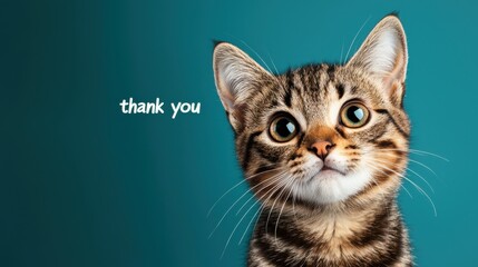 Close-up of a tabby kitten with the text thank you