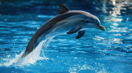 A Dolphin Leaping Out Of The Water Against A Blue Background