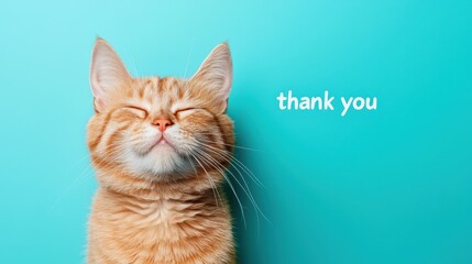 Ginger cat with white chin and chest, eyes closed, against blue background with thank you text