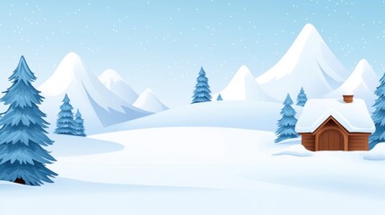 Serene Winter Landscape with Snow-Covered Mountains, Evergreen Trees, and Cozy Wooden Cabin