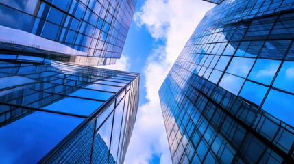 Modern city skyscrapers, low angle, blue glass, bright sky, business district