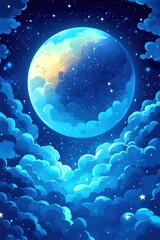 Celestial night sky with a luminous moon and clouds