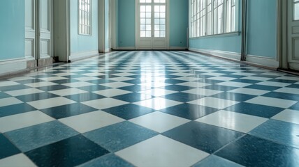 Reflective Blue And White Checkered Floor In An Abandoned Building