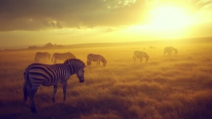Naklejka premium African Sunset: Zebras Grazing in Golden Savanna
