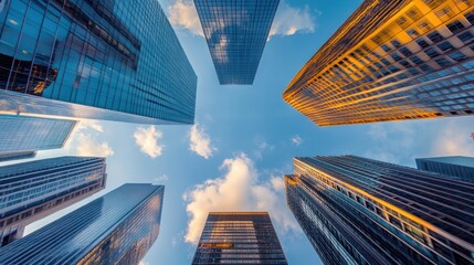 Urban Skyscrapers, Low Angle, Cityscape, Sunny Day, Architectural, Perfect for Business Background
