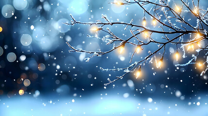 Winter Scene With Snowy Branches And Christmas Lights Against A Blue Bokeh Background