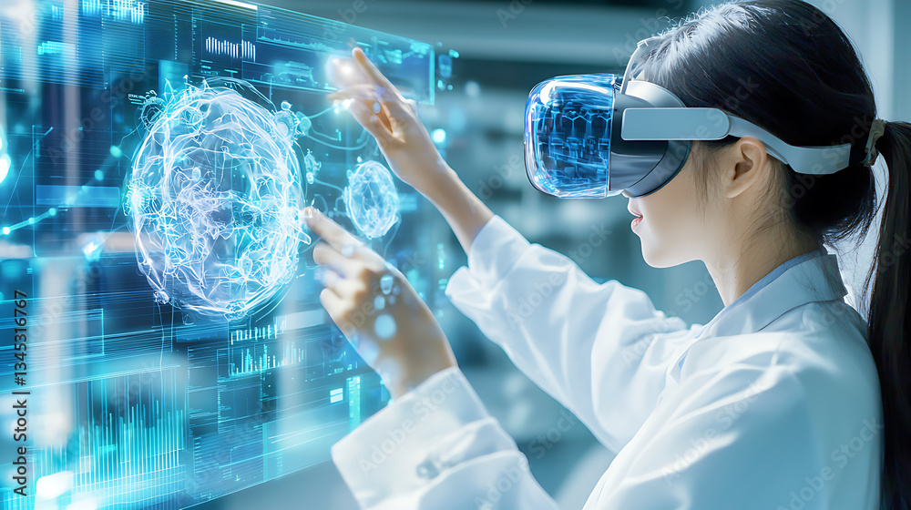 Poster exploring virtual reality technology in a modern lab interactive science experience futuristic envir