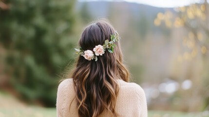Naklejka premium Person with long wavy hair and floral hairpiece in a forest
