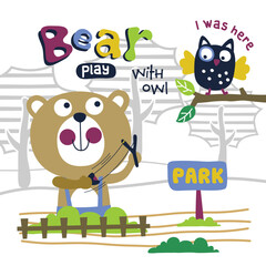 Cute cartoon bear playing with an owl in a park, with a playful expression. Outdoor fun concept
