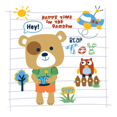 Cute cartoon bear watering plants in the garden with owl and airplane in the background. Outdoor play concept
