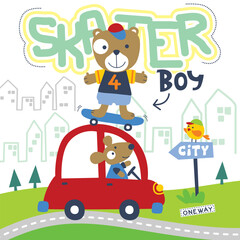 Cute cartoon bear riding a skateboard on top of a red car in a city landscape. Playful urban adventure concept
