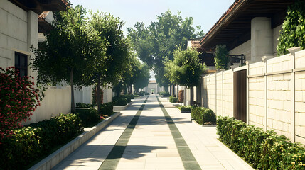 Obraz premium View of Paved Street Lined With Lush Green Trees and White Buildings Under Sunny Sky