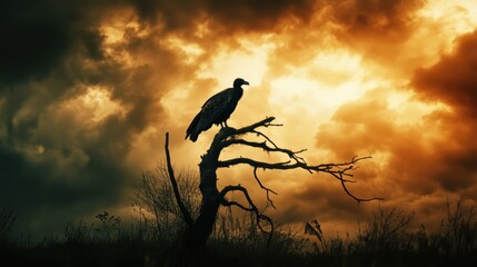 A lone vulture perched on a dead tree against a fiery sunset sky, ominous atmosphere.