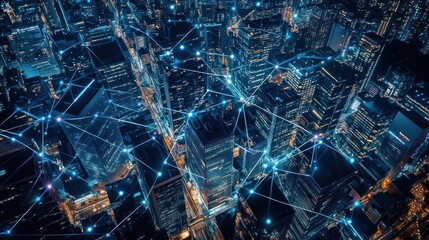 Night City Skyline Network, Aerial View, Technology, Connectivity