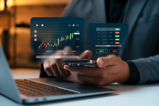Investors show virtual screen stock market index chart, laptop and smartphone application to invest in global assets, technical price charts and indicators, analysis charts and investment strategies.