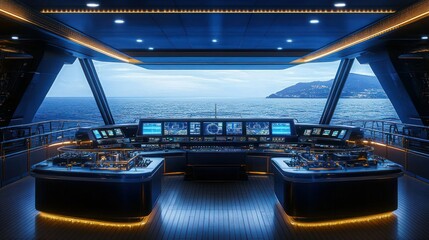 Luxurious yacht bridge at night.  Spacious control room with panoramic ocean views.  Modern technology and elegant design