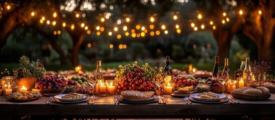 Outdoor garden dinner party table with string lights