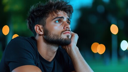 Naklejka premium Young man in a contemplative pose in a park at dusk