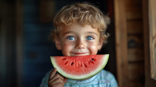 Adorable child holding a watermelon slice