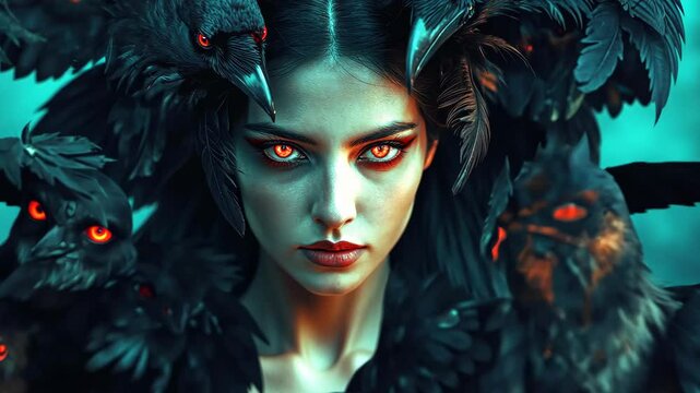 mysterious woman with raven feathers in her hair, midnight forest background, glowing red eyes, shadowed expression, hauntingly beautiful, magic in the air, dark fantasy