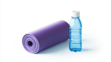 Purple yoga mat and blue water bottle on white background