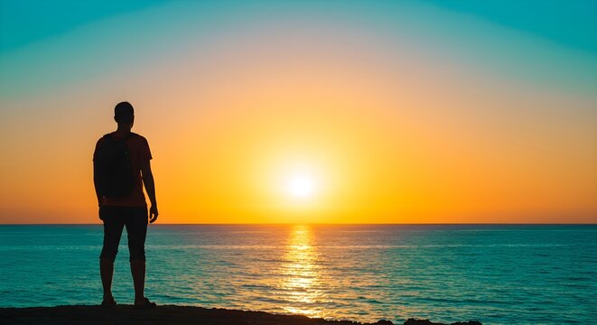 Man silhouette at sunset beach. Traveler enjoying scenic ocean view. Summer vacation, wanderlust, and self-discovery concept. Peaceful moment in nature.
