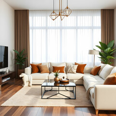 Living room interior in modern style with sofa and decorations