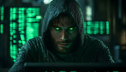 Intense gaze of a hooded figure, illuminated by green digital code.  Cybersecurity, mystery, and digital world themes are strongly suggested