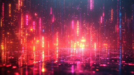 Fototapeta premium Futuristic city digital rain, glowing neon lights, reflected floor, abstract background