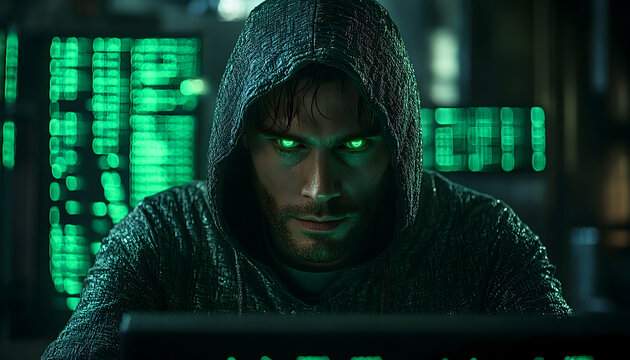 Intense gaze of a hooded figure, illuminated by green digital code.  Cybersecurity, mystery, and digital world themes are strongly suggested
