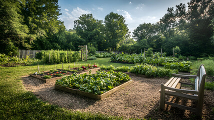 A Serene and Productive Vegetable Garden Flourishing Under Dappled Sunlight with Ripe Vegetables and Cozy Bench