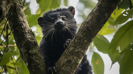 Fototapeta premium Powerful Binturong lounging in the treetops of a Southeast Asian jungle its black fur blending into the shadows