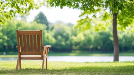 Wooden Chair Under Tree Shade by Calm Lake on Bright Sunny Day in Lush Green Park Setting