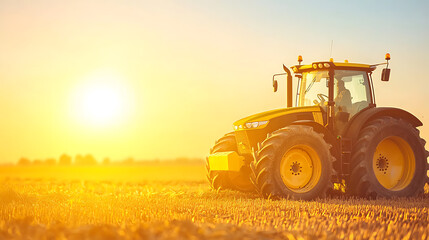 Harvesting action with modern tractor in sunny field agricultural landscape vibrant environment