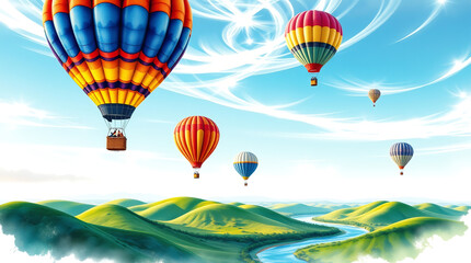 Naklejka premium Vibrant Hot Air Balloons Over a Scenic Green Valley in Watercolor Style