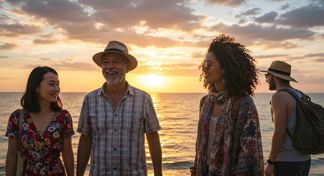 Diverse group of friends enjoying sunset at beach. Summer vacation, multicultural friendship concept. Tropical holiday, travel adventure, and community bonding by ocean