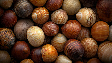 Close Up View Of Variety Seashells Showing Brown Texture And Pattern With Natural Organic Background