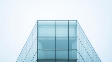 Modern glass office building corner, low angle, foggy background, architectural photography, commercial