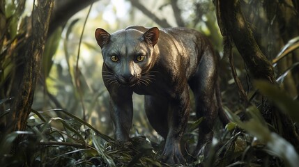 Obraz premium Powerful Fossa prowling through the Madagascan jungle its muscular cat like body and piercing gaze highlighting its predatory nature